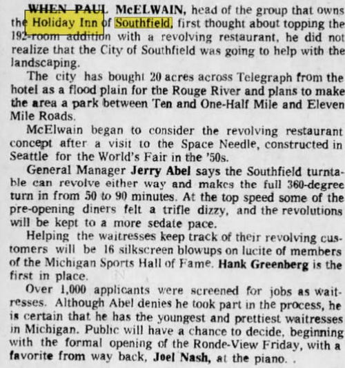Holiday Inn - Southfield (Radisson Hotel Southfield-Detroit) - July 1975 Article On Tower Expansion